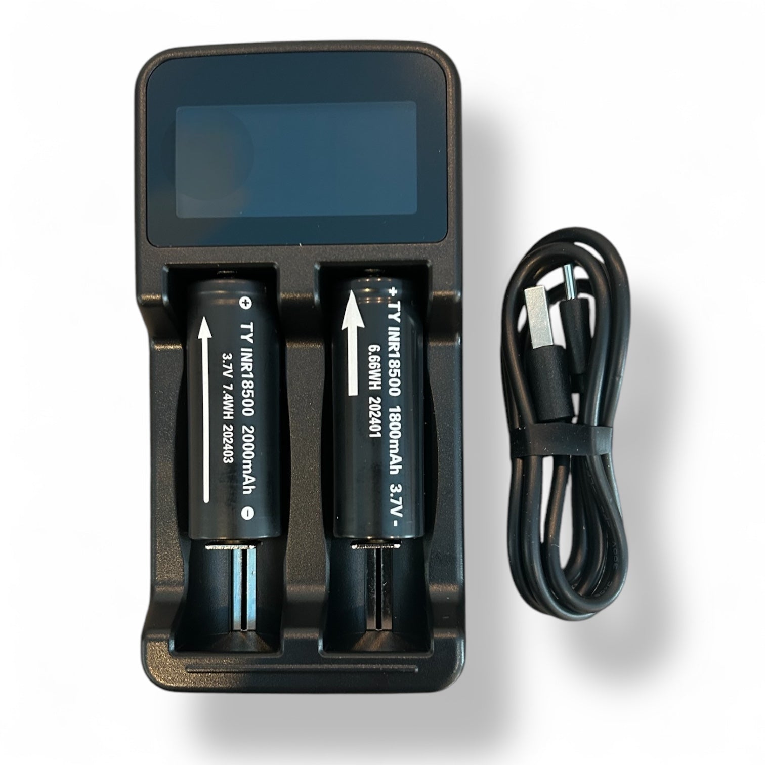 Dual battery charger with two 18500 batteries and USB charging cable