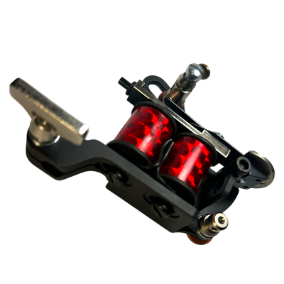 Hatchback Sledge tattoo machine with red coils and liner speed bar for large needle groupings