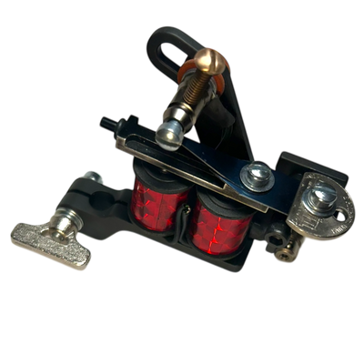 Hatchback Sledge tattoo machine with red coils and liner speed bar for large needle groupings