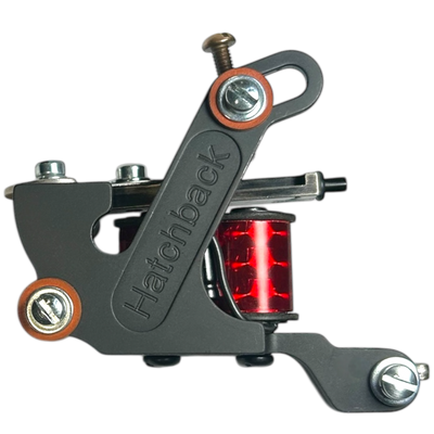 Hatchback Sledge tattoo machine with red coils and liner speed bar for large needle groupings