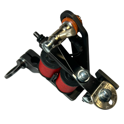 Hatchback traditional coil tattoo machine with red wrap coils and steel frame