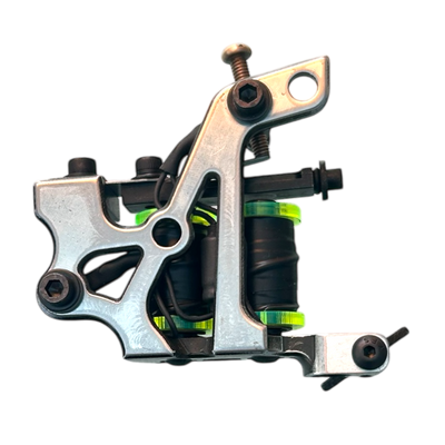 Custom Wagner big grouping liner tattoo machine designed by Cuban Jon, CNC-cut 1018 steel frame, pushes 5–14 round liners